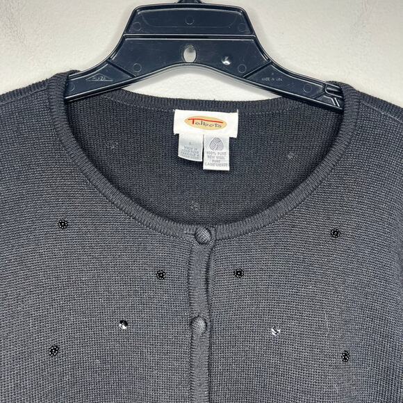 Talbots 100% Wool Beaded Cardigan Sweater Women's L Button Vintage Black Holiday - Picture 2 of 11
